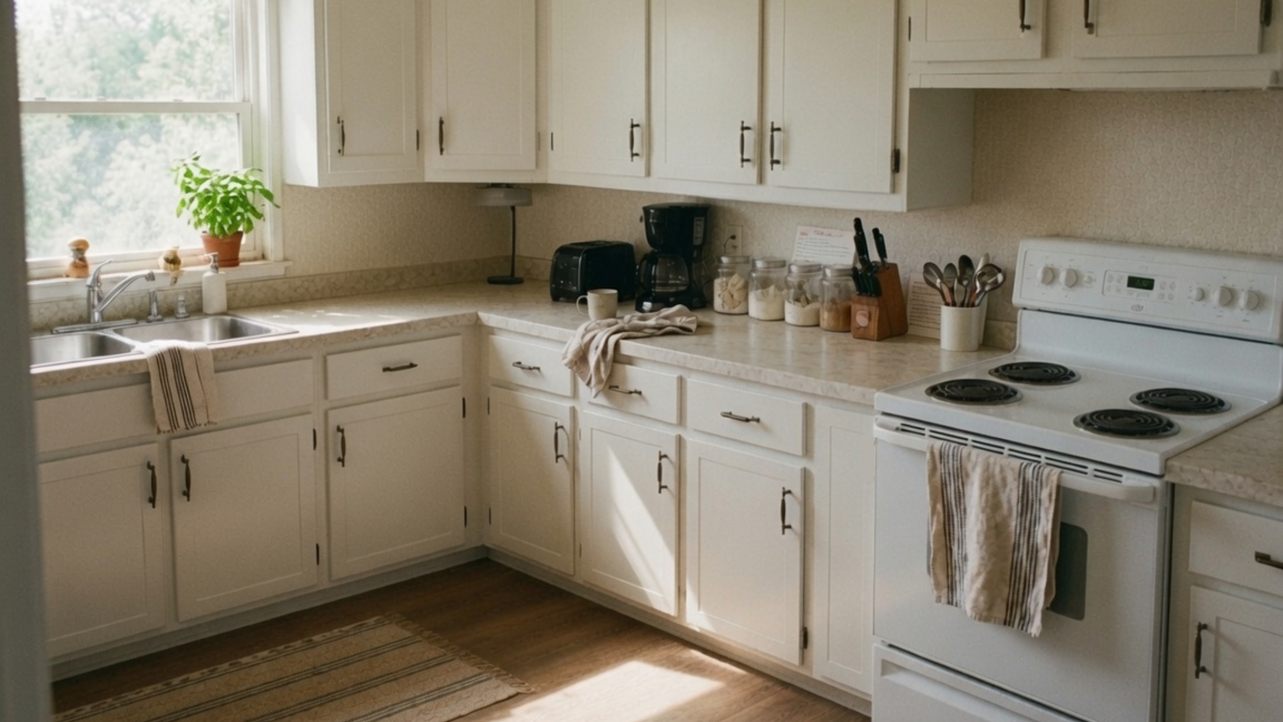 Finished 1970s kitchen update with painted cabinets, updated hardware, better light, and modest finishes.