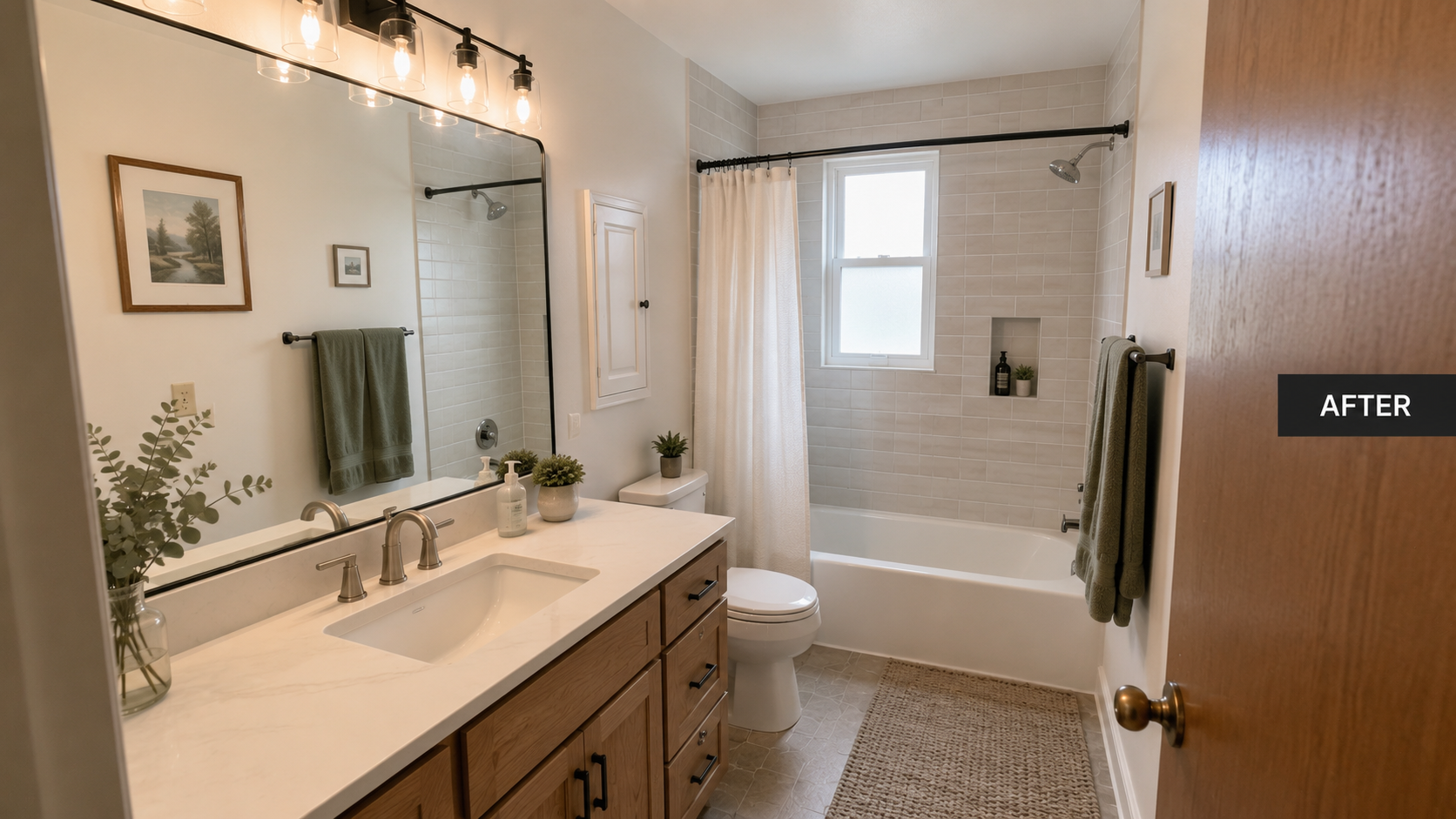 Updated 1980s bathroom with new vanity, tile surround, mirror, lighting, floor, and tub fixtures.