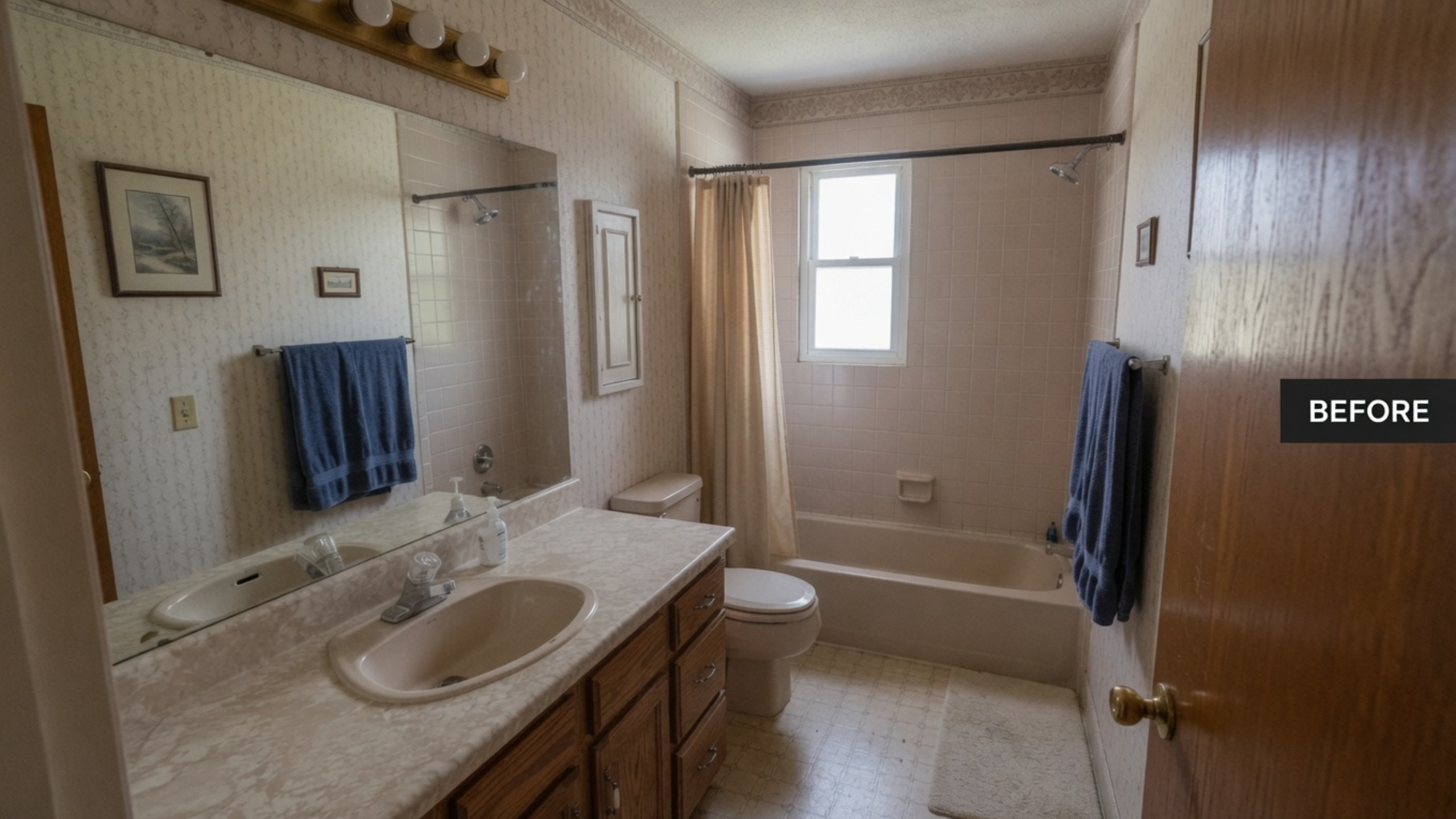 Dated 1980s bathroom with oak vanity, brass light bar, beige tile, almond fixtures, wallpaper, and worn vinyl floor. 