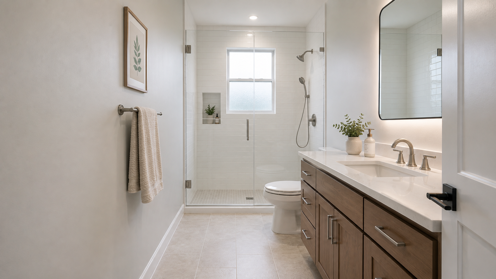 Updated 1980s hall bathroom with walk-in shower, new vanity, mirror, and neutral finishes.