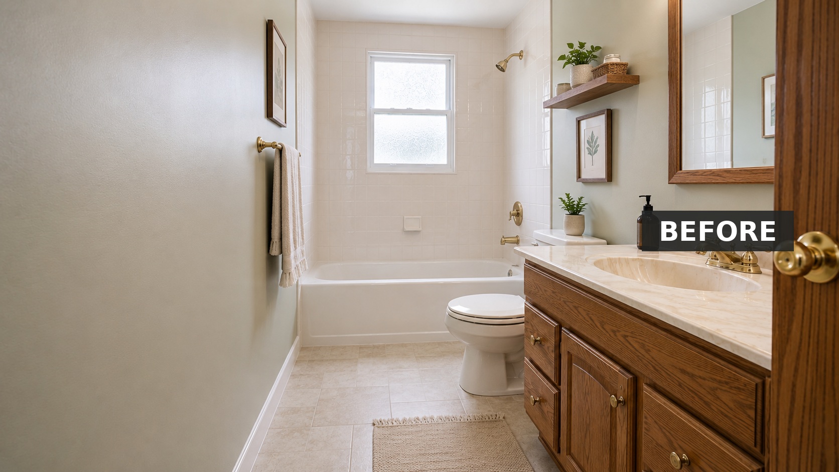 1980s hall bathroom with oak vanity, brass fixtures, almond toilet, and beige tile tub surround.