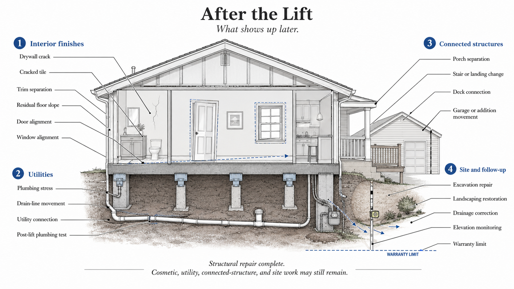 House diagram showing finish, plumbing, entry, drainage, and monitoring issues after foundation lifting.