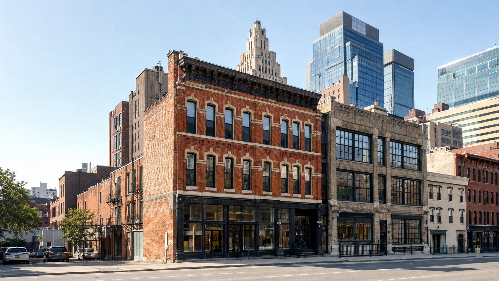 Ornate red-brick commercial building in the foreground with Art Deco and modern glass towers rising behind it.