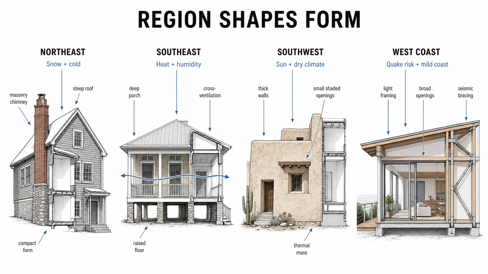 Diagram showing how climate, materials, settlement patterns, and hazards shaped regional American architecture.