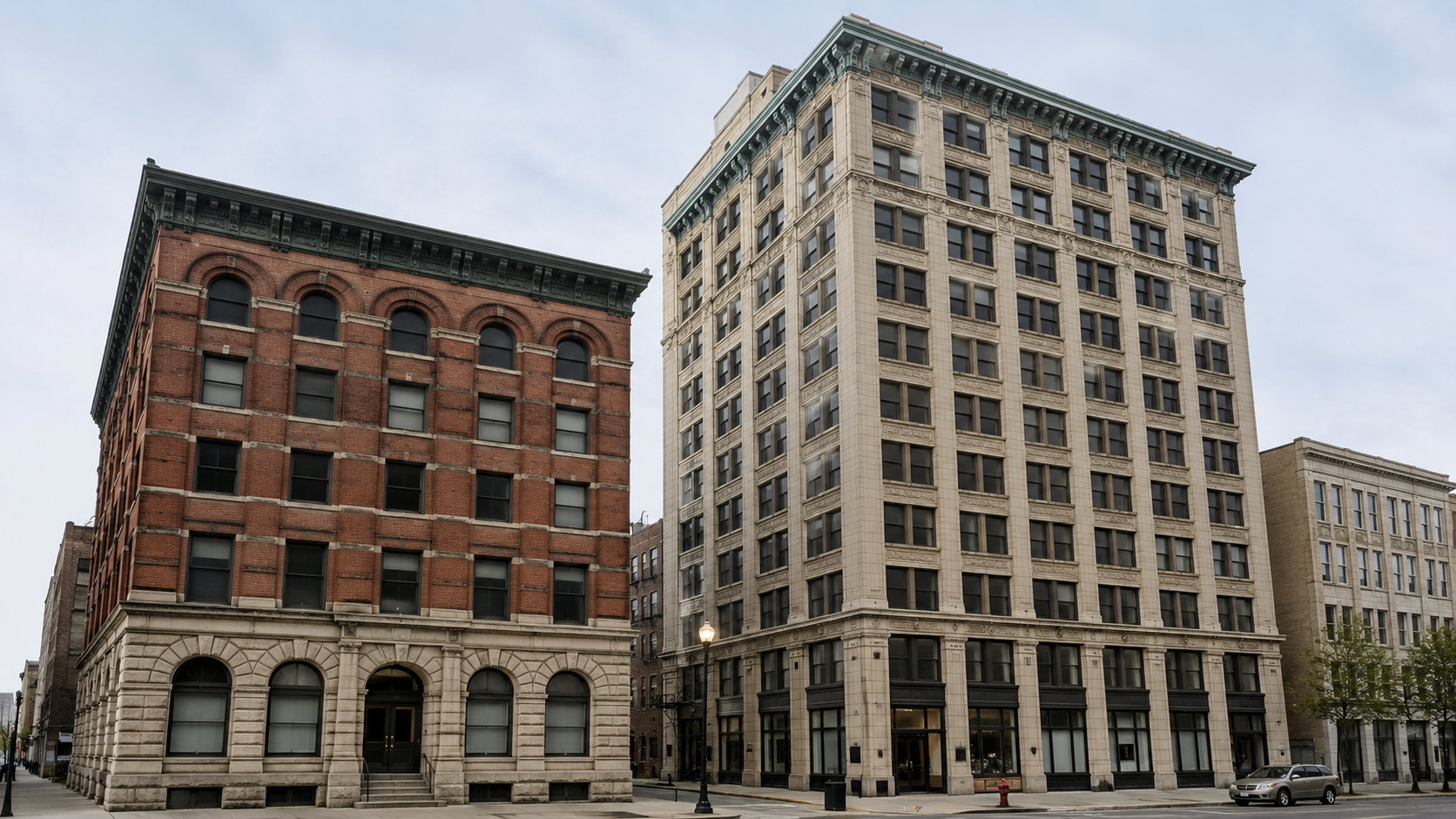 Historic masonry commercial building beside a taller early steel-frame American office building.