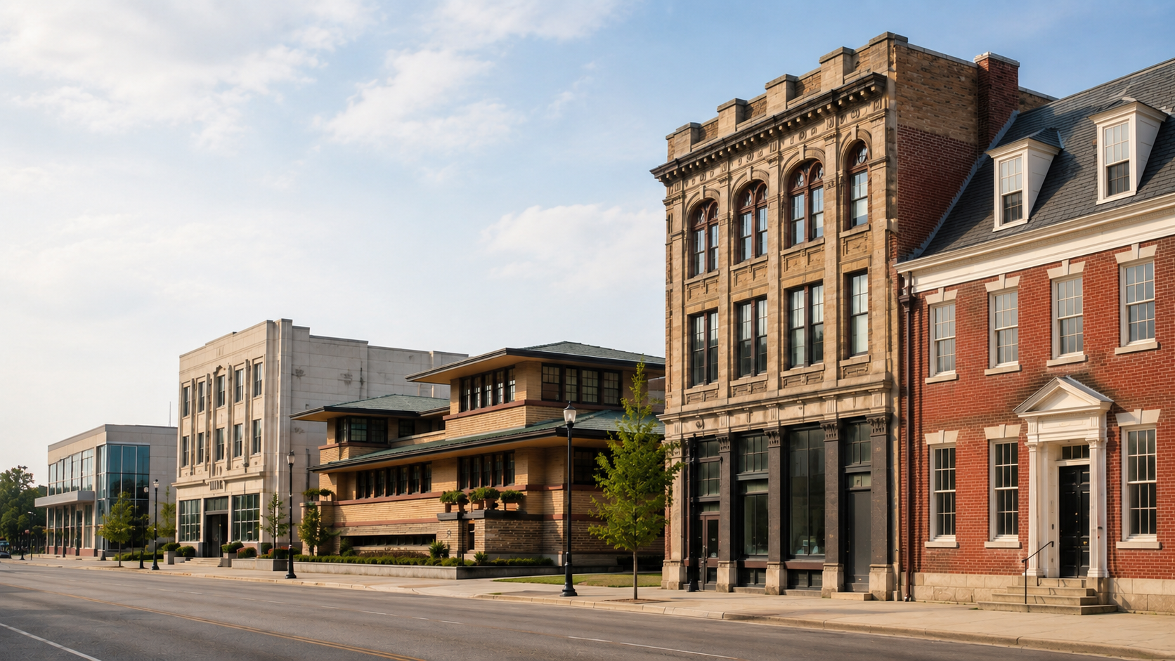 American streetscape showing Federal, Victorian commercial, Prairie, early modern, and contemporary architecture.