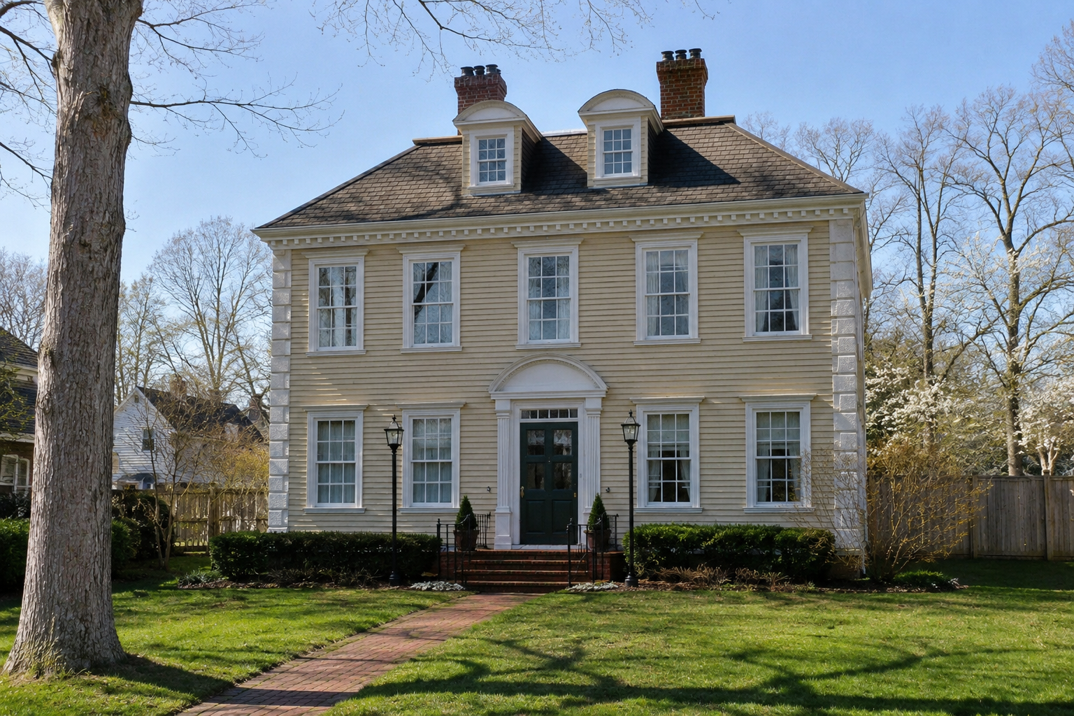 Georgian Colonial-style American house with a symmetrical façade, dormer windows, brick chimneys, and a centered entrance.