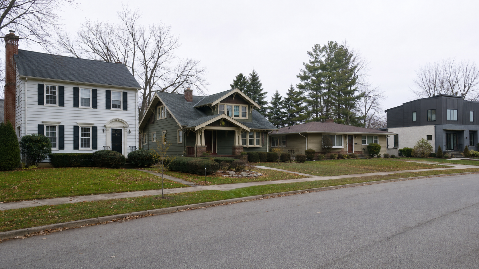 American neighborhood with Colonial Revival, Craftsman, ranch, and contemporary houses built in different periods.