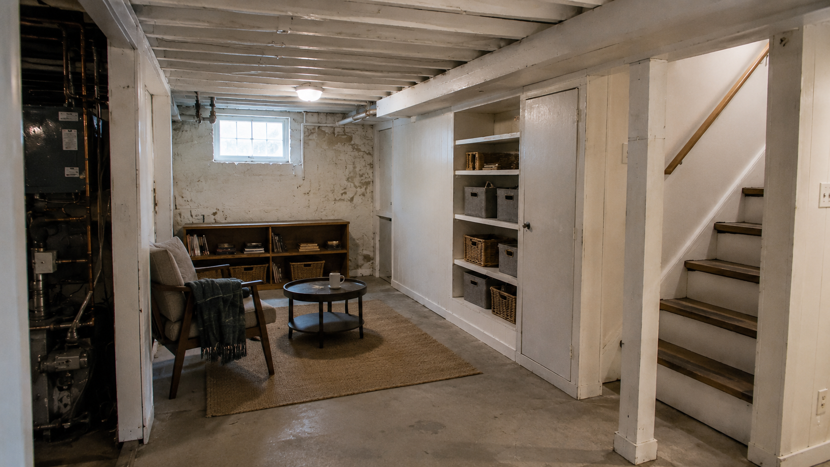 Cape Cod basement showing controlled finished zone with clean lighting, storage, and exposed service access.