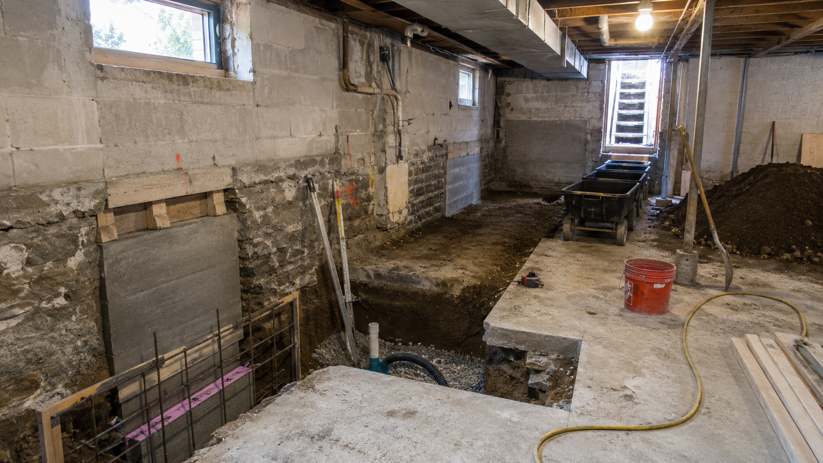 Basement underpinning project with staged concrete support, excavated floor areas, soil carts, drainage work, and a lower slab elevation.