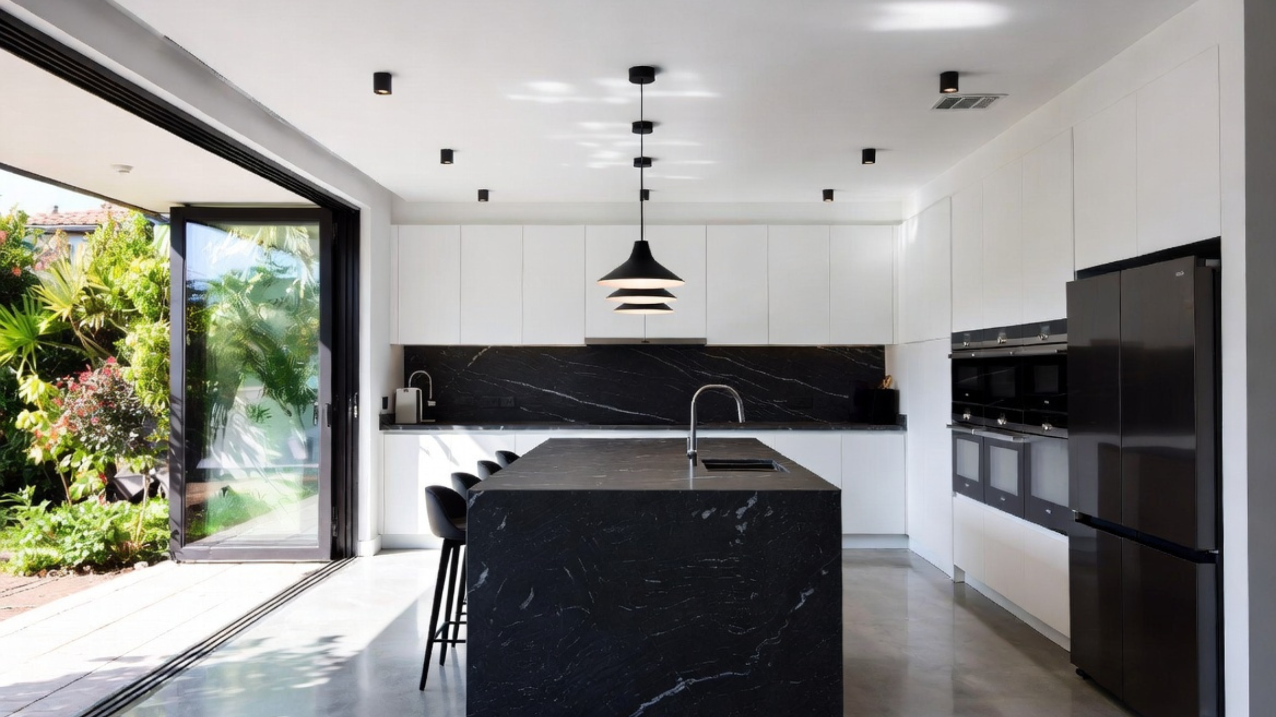 White kitchen with a black stone island, black backsplash, black appliances and black pendant lighting.