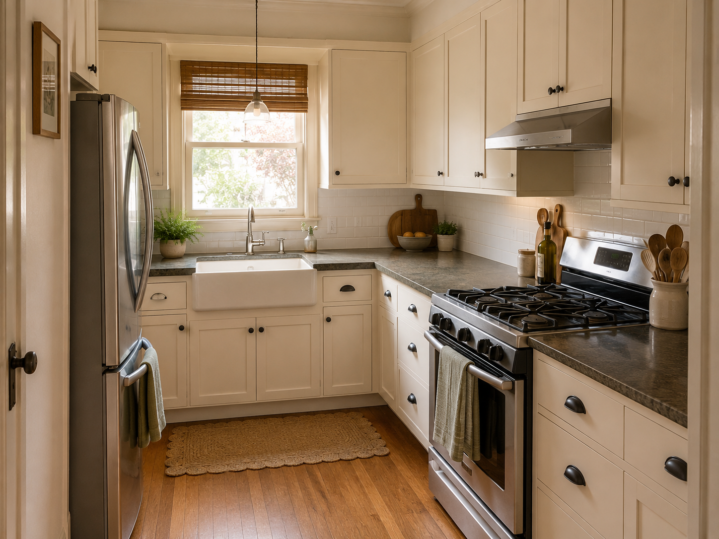 Remodeled bungalow kitchen with white cabinets, a farmhouse sink, and stainless appliances.