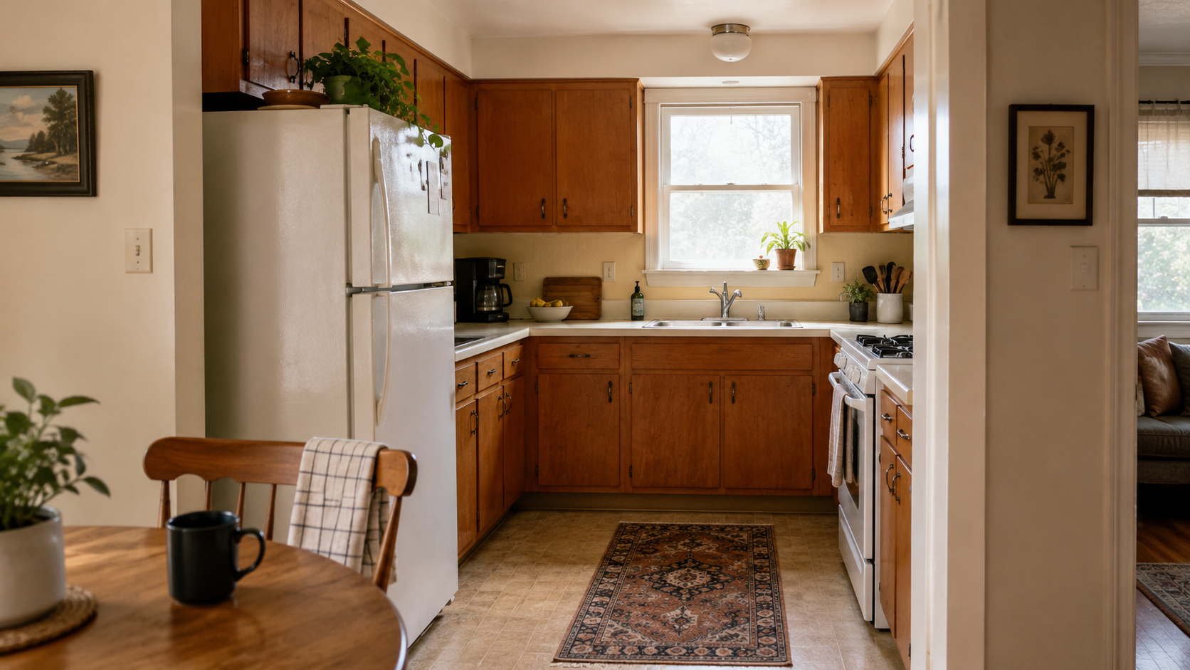 Small bungalow kitchen with narrow circulation between the dining area, refrigerator, stove, and living room.