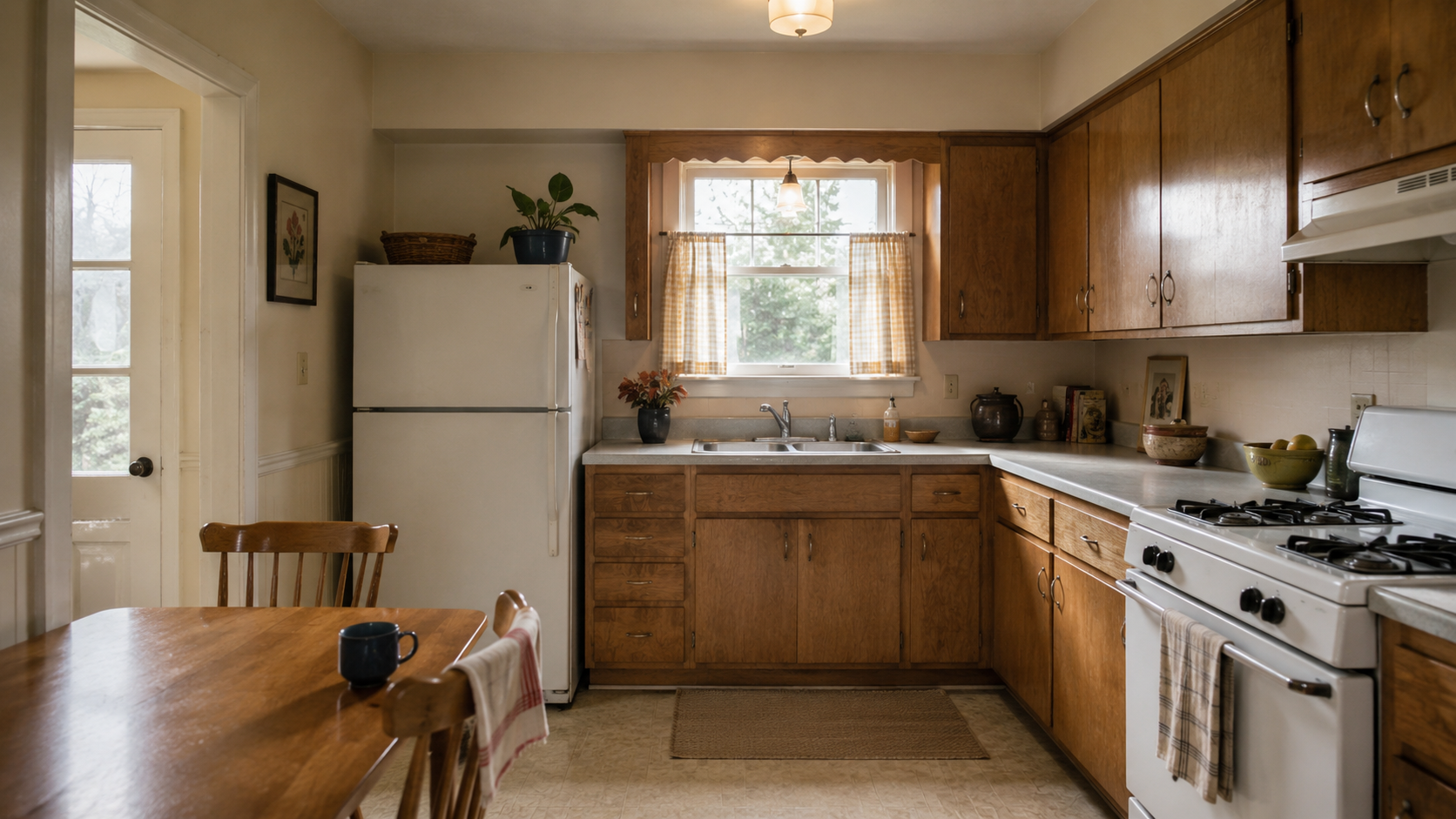 Older bungalow kitchen with tight refrigerator placement, wood cabinets, small dining table, and worn finishes.
