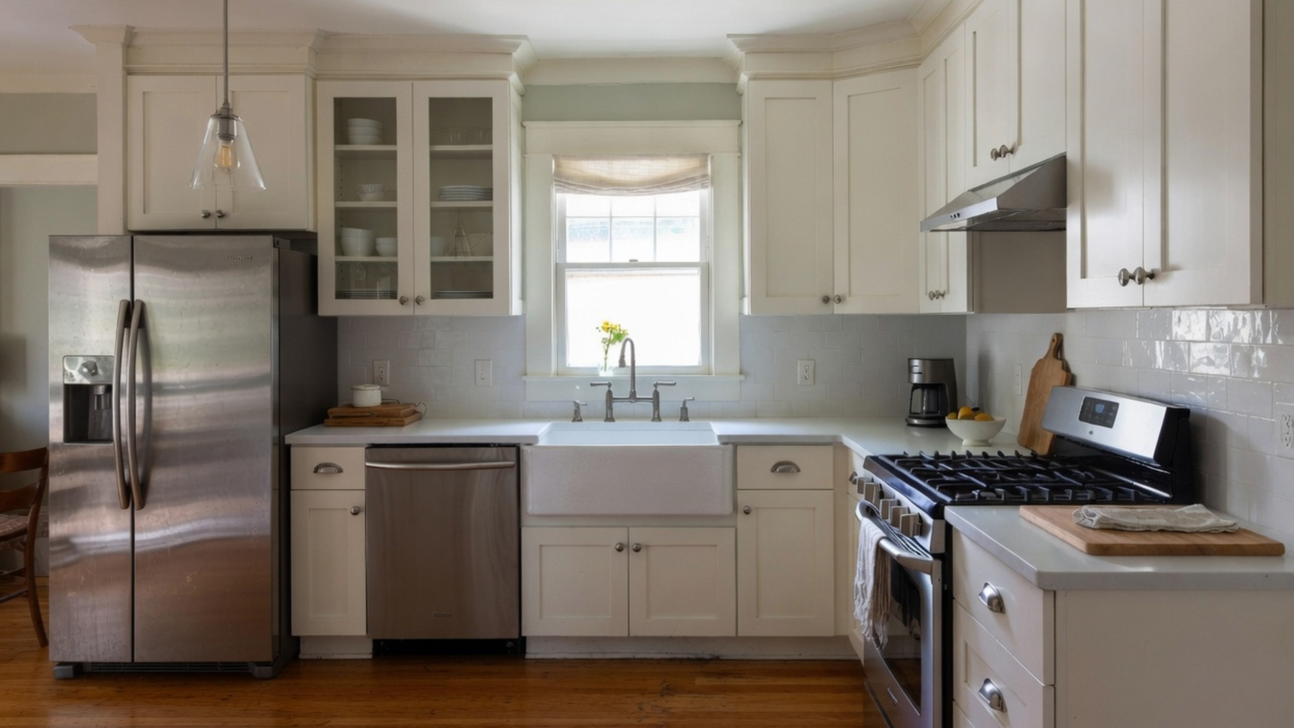 Bright bungalow kitchen remodel with white cabinets and a farmhouse sink.