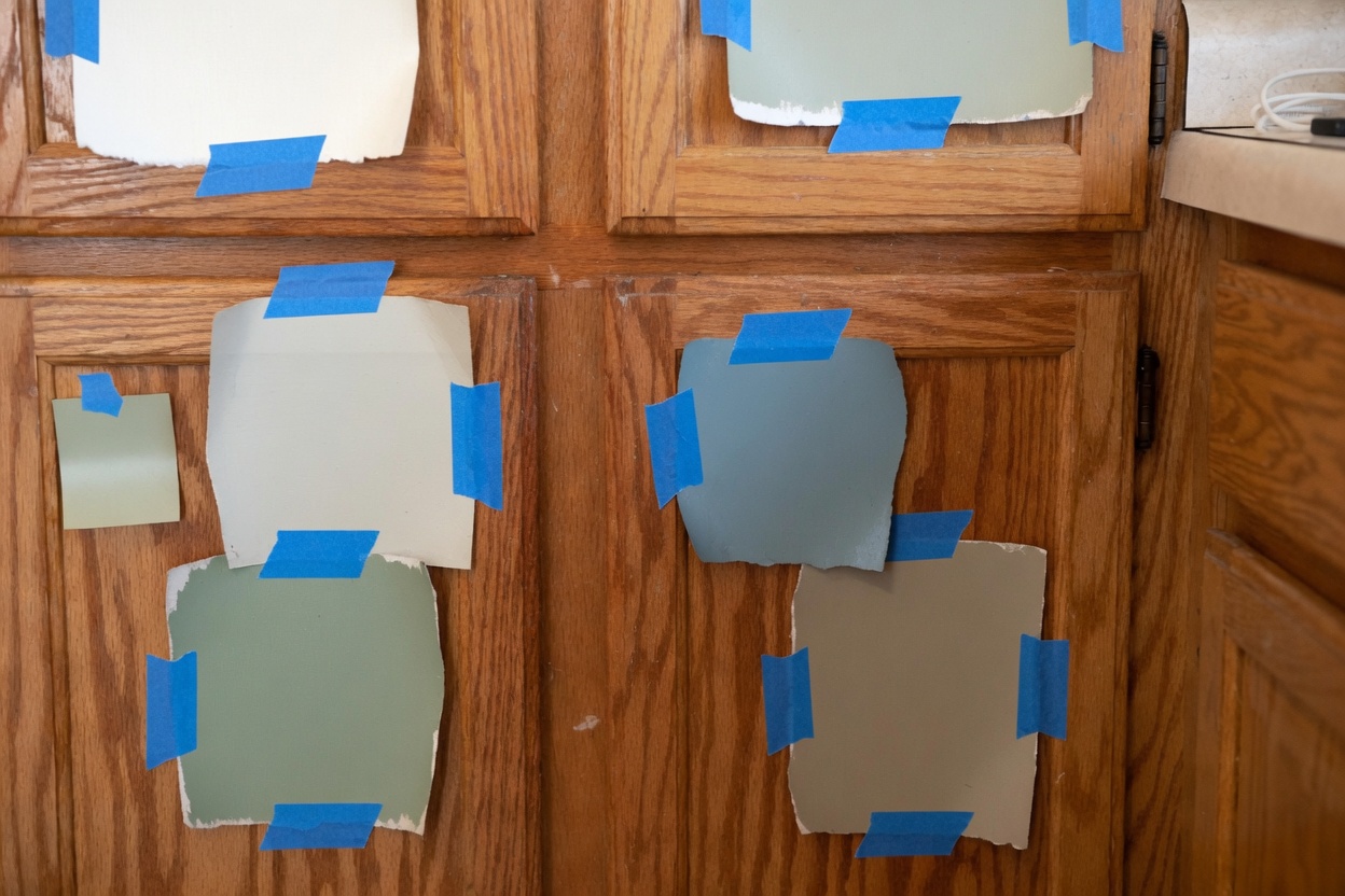 Paint color samples taped to old oak cabinet doors during kitchen planning.