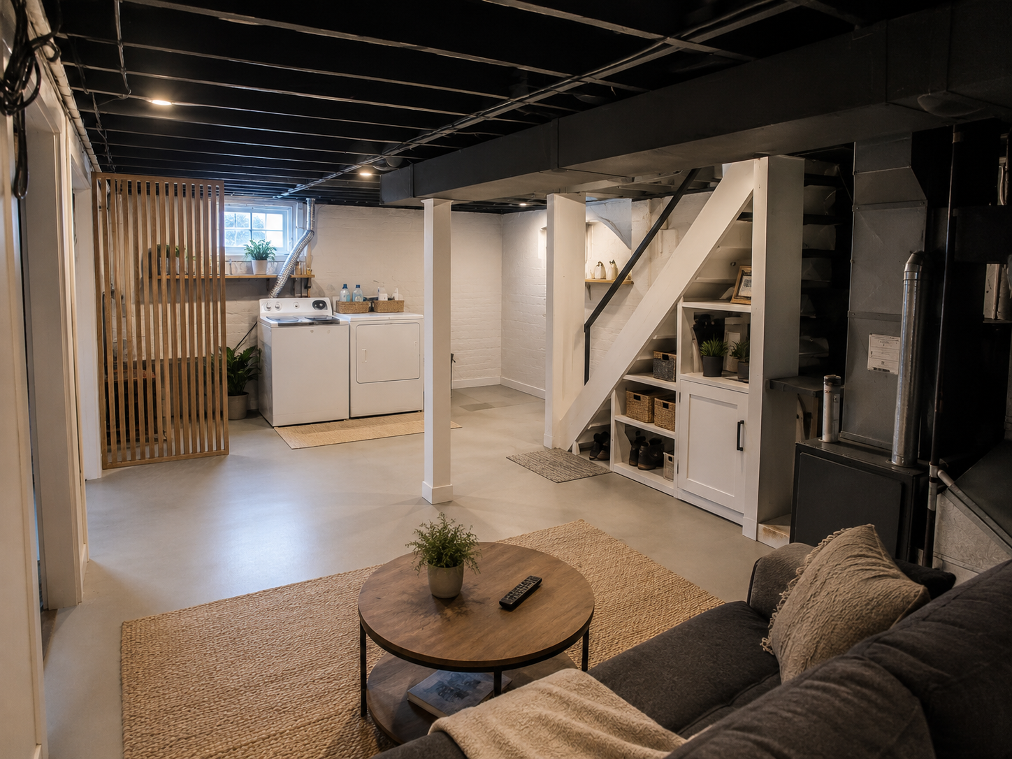 Improved Cape Cod basement with exposed ceiling, screened laundry area, storage, and lounge space.