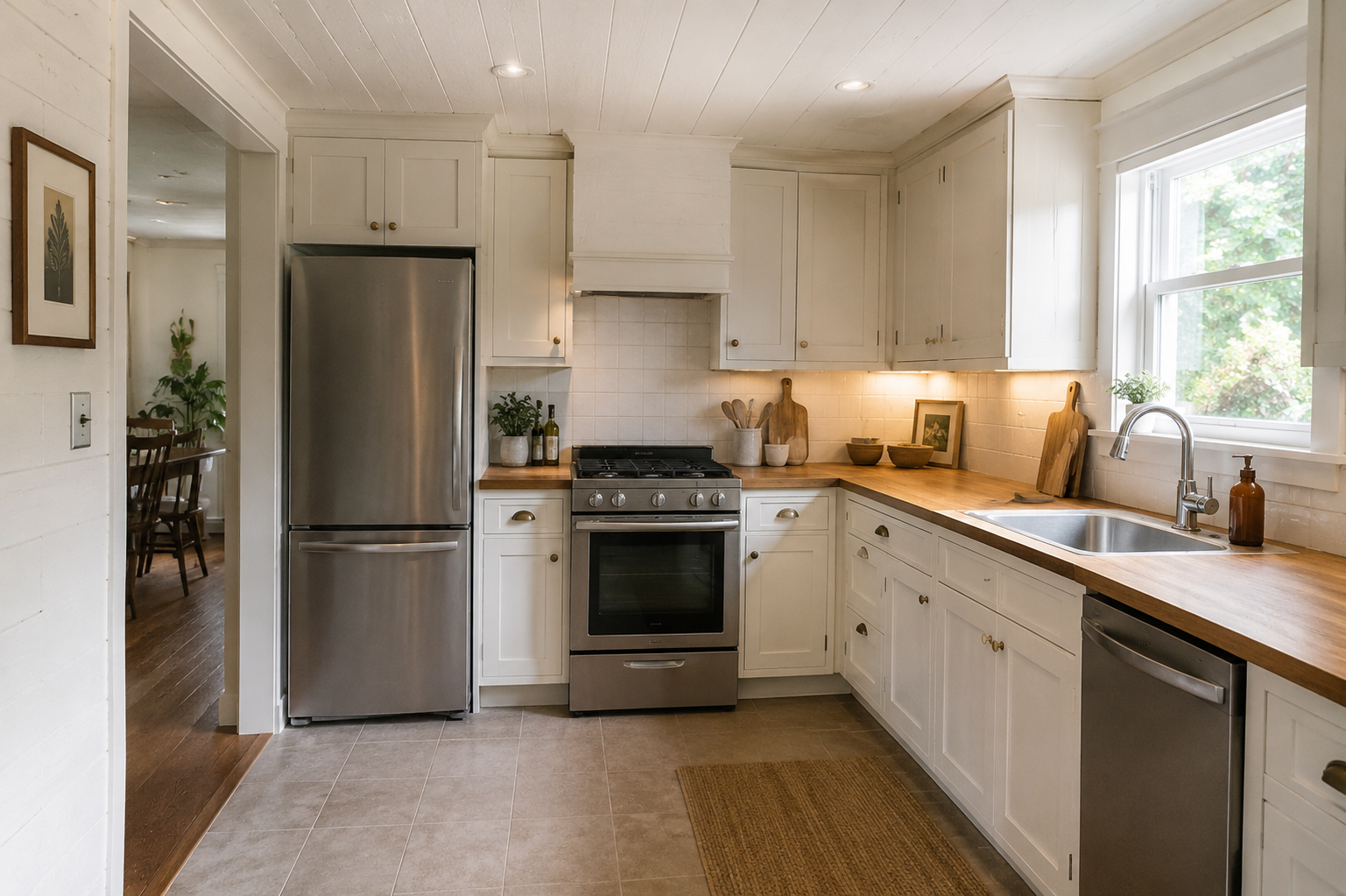 Compact Cape Cod kitchen with calmer cabinet fronts, improved lighting, wood counters, and brighter finishes.