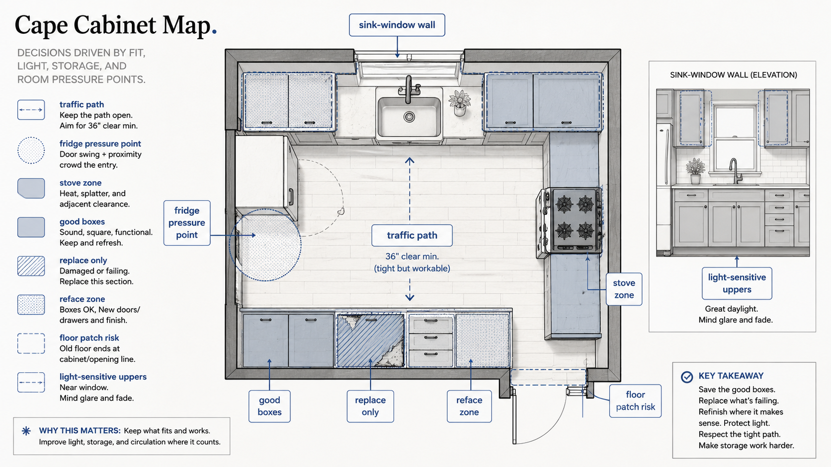 Diagram showing keep, reface, and replace decisions in a Cape Cod kitchen cabinet layout.