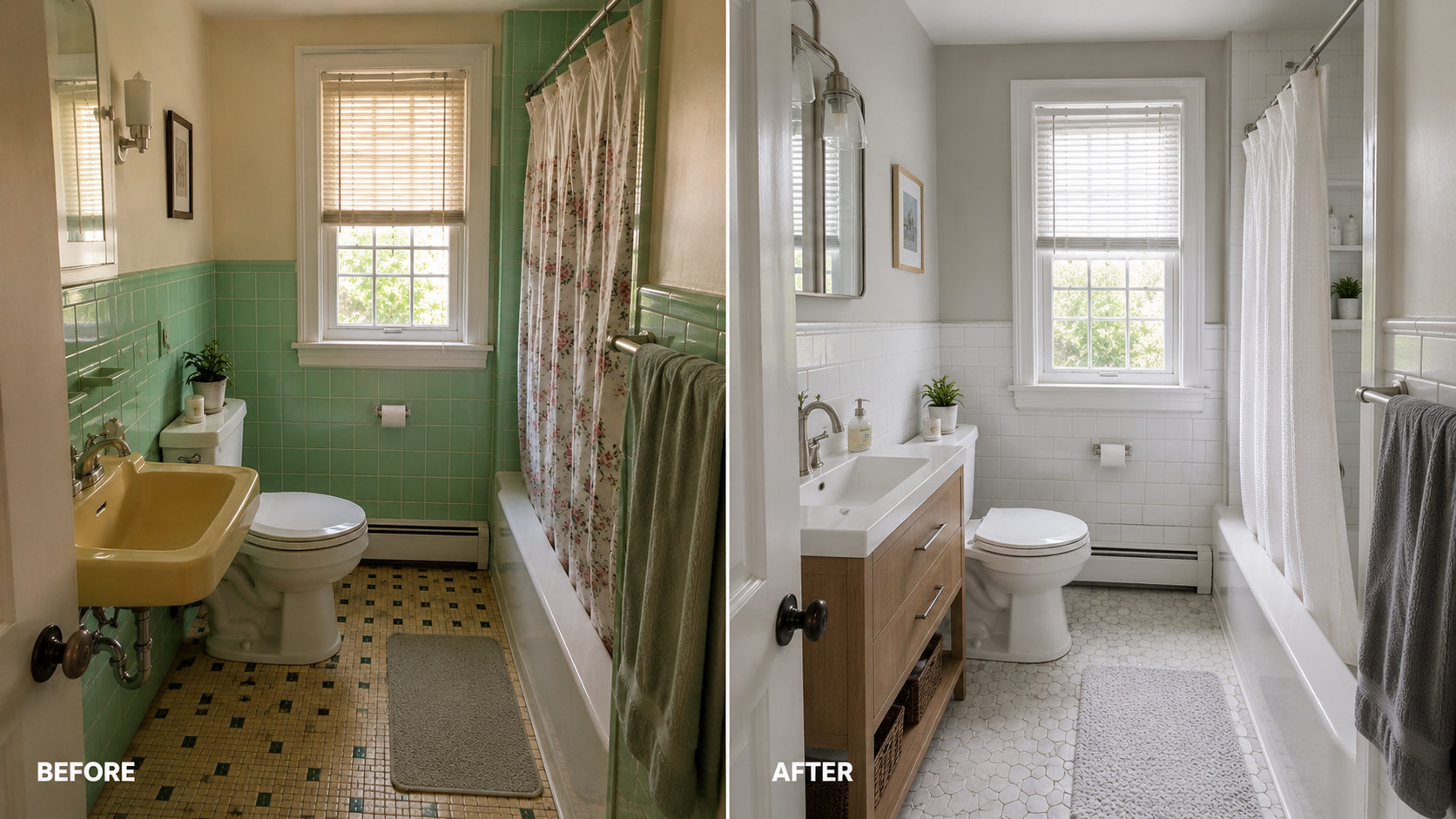 Before and after Cape Cod bathroom remodel with old green tile and updated compact bathroom.