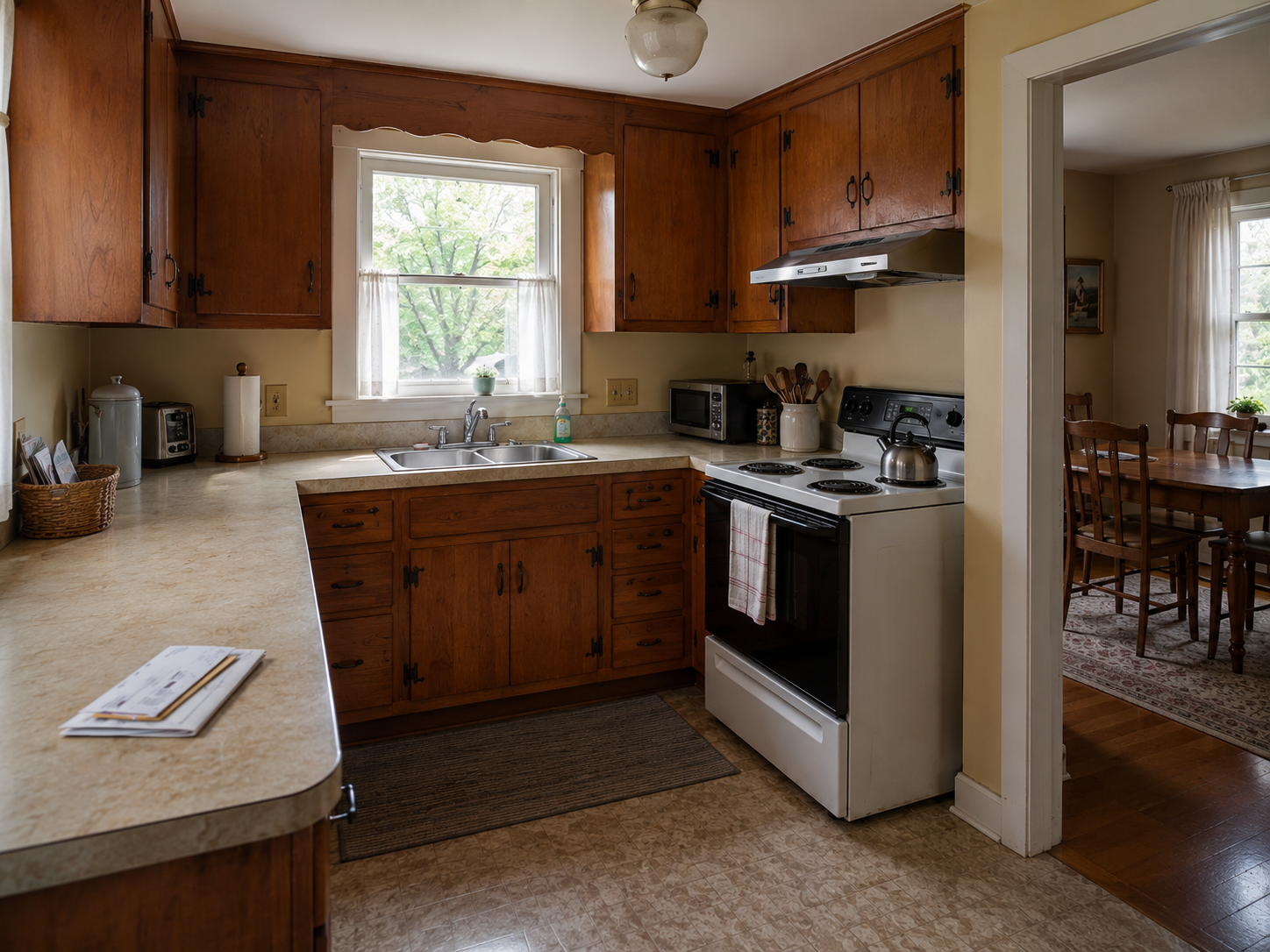 Cape Cod kitchen with older wood cabinets that still fit the room well.