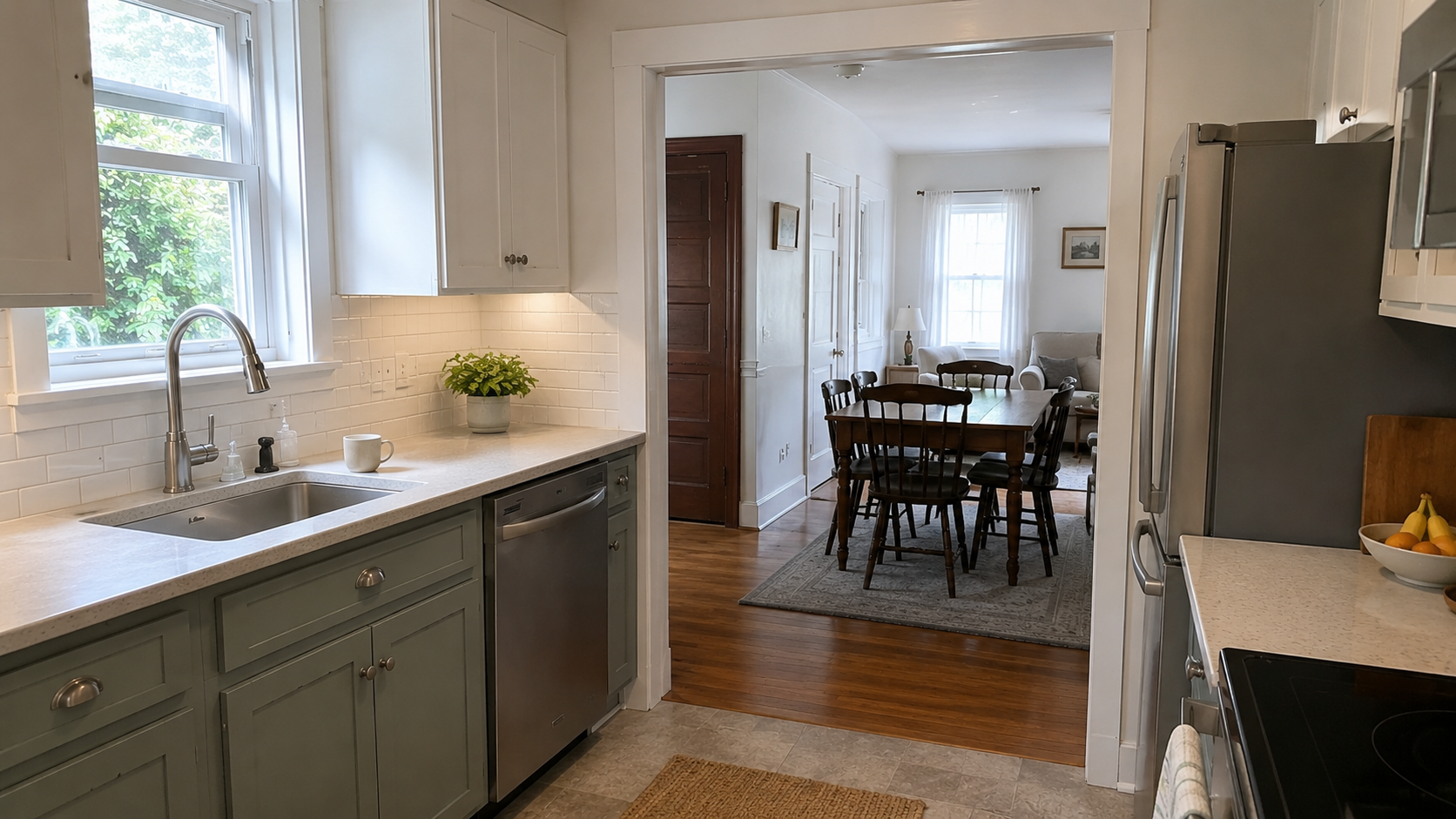 Small Cape kitchen after wall opening with dining room beyond and compact cabinet runs.