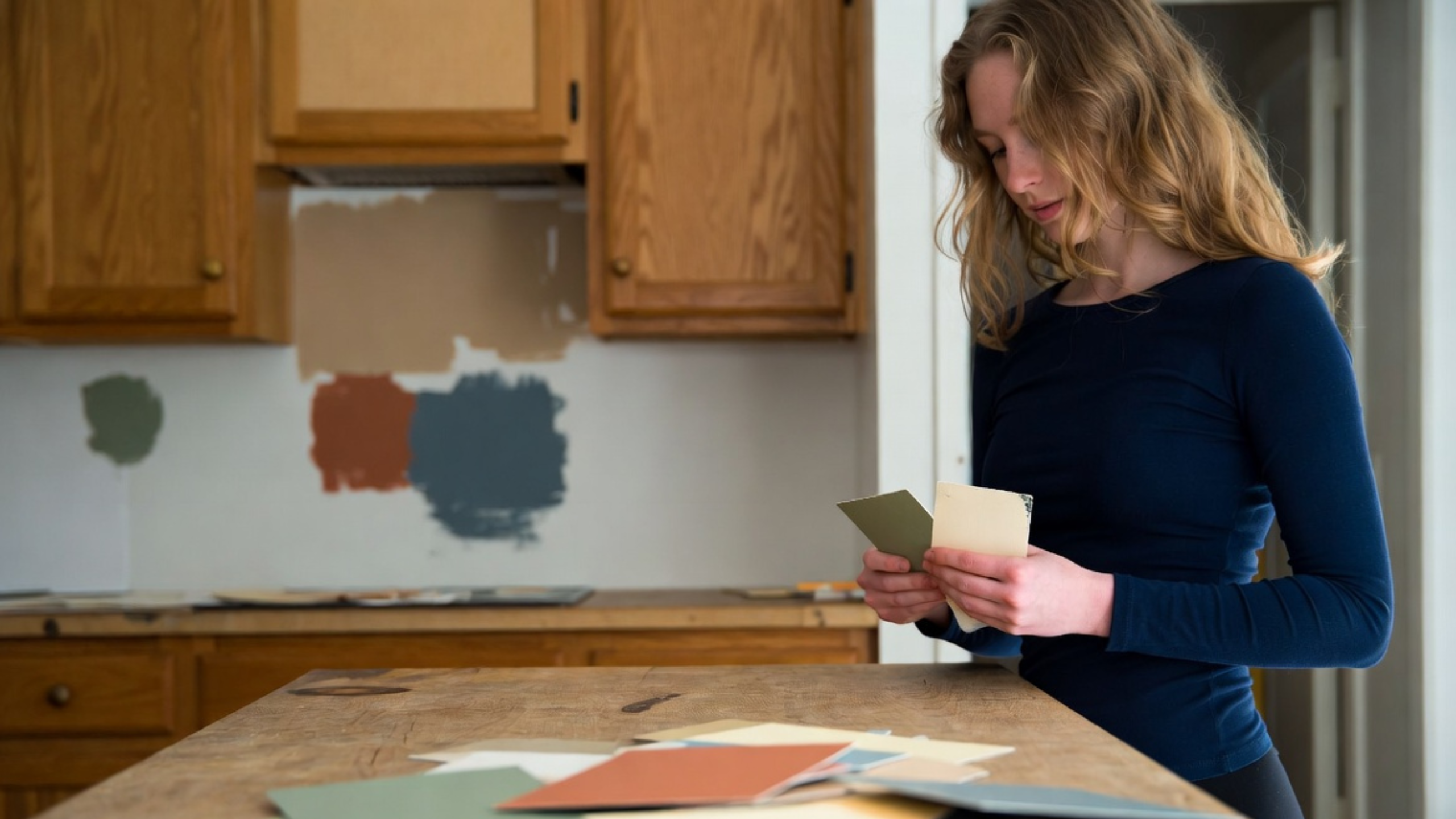 Woman comparing paint samples beside color tests in an oak kitchen.