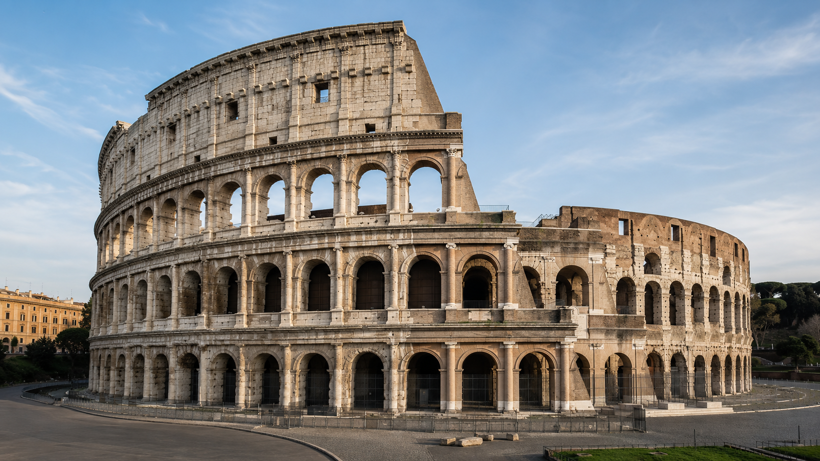 Roman Colosseum exterior with repeated arches, stacked levels, weathered stone, and a curved amphitheater façade.