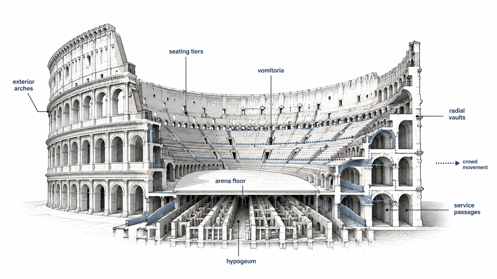 Colosseum section showing seating tiers, vaults, arena floor, passages, and hypogeum.