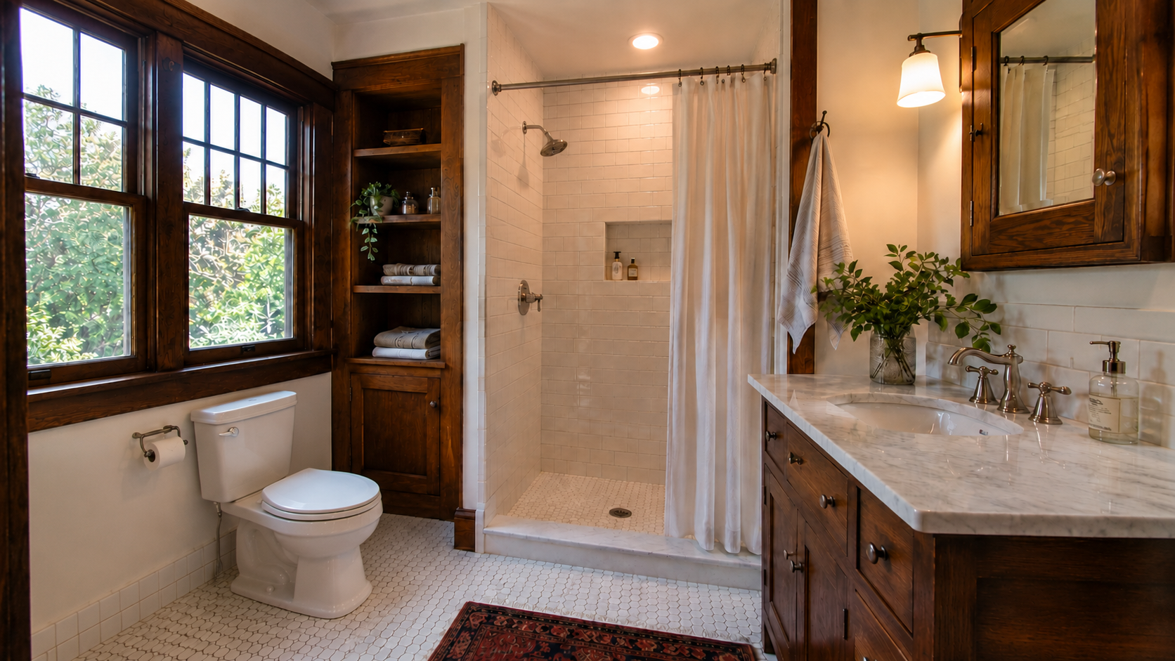 Craftsman bathroom with wood trim, hex tile floor, subway tile shower, toilet, and vanity.