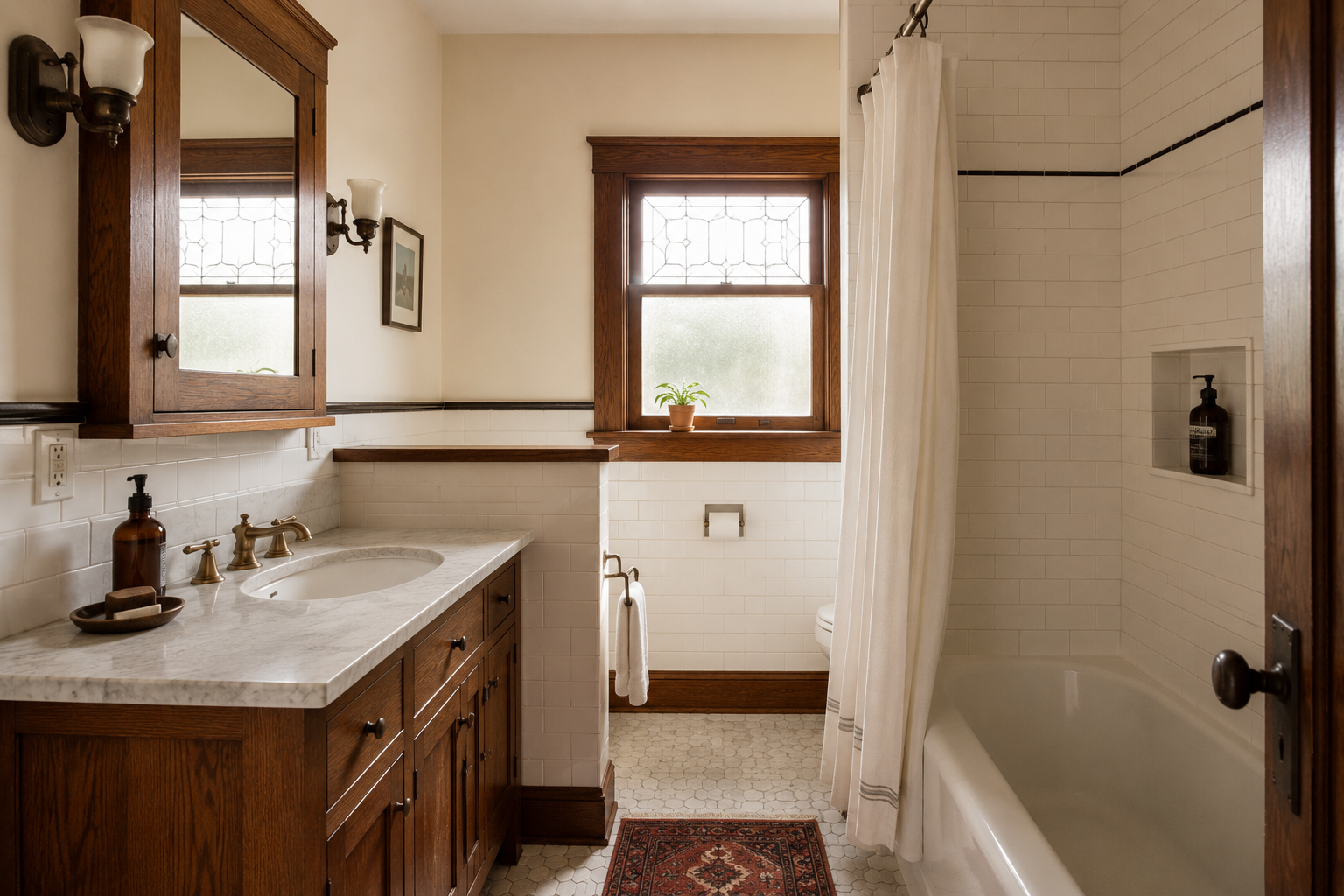 Craftsman bathroom with wood trim, hex tile floor, subway tile, tub, vanity, and window.