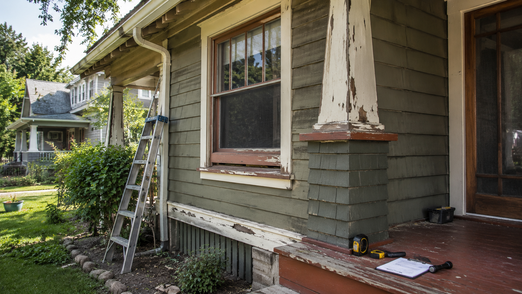 Craftsman exterior inspection showing siding, window trim, gutters, porch wear, and column damage.