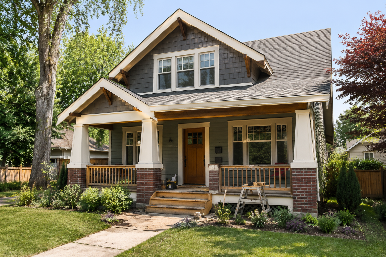 Craftsman house with repaired porch, trim, and near-finished exterior renovation.