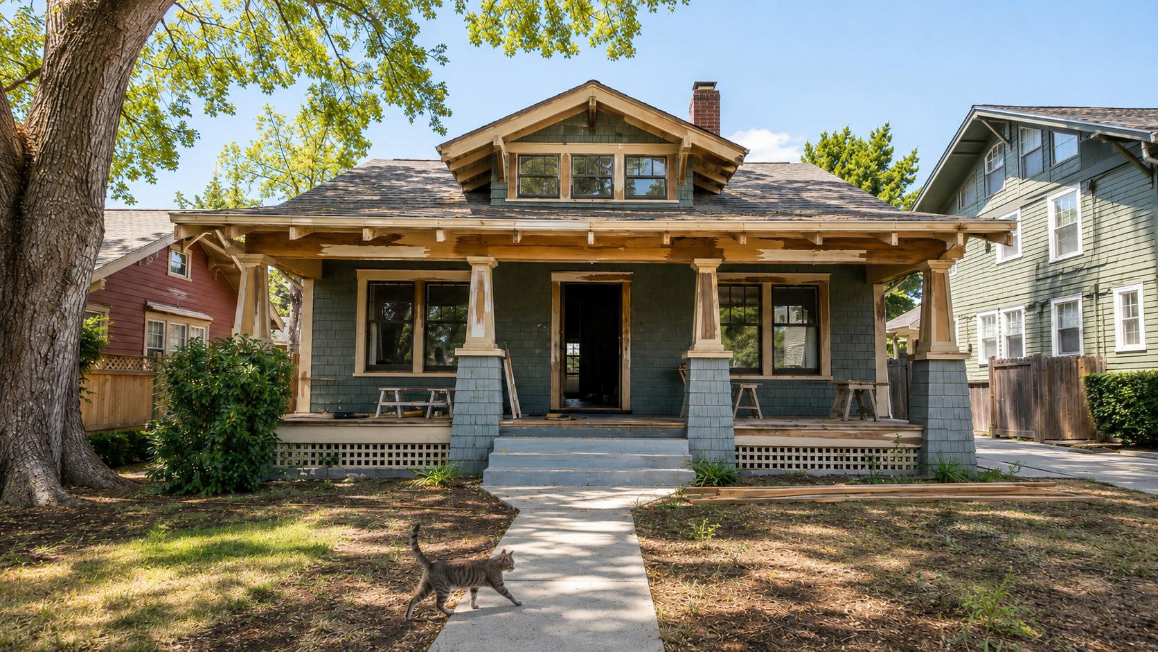 Old Craftsman house with front porch, wood trim, and early renovation work.