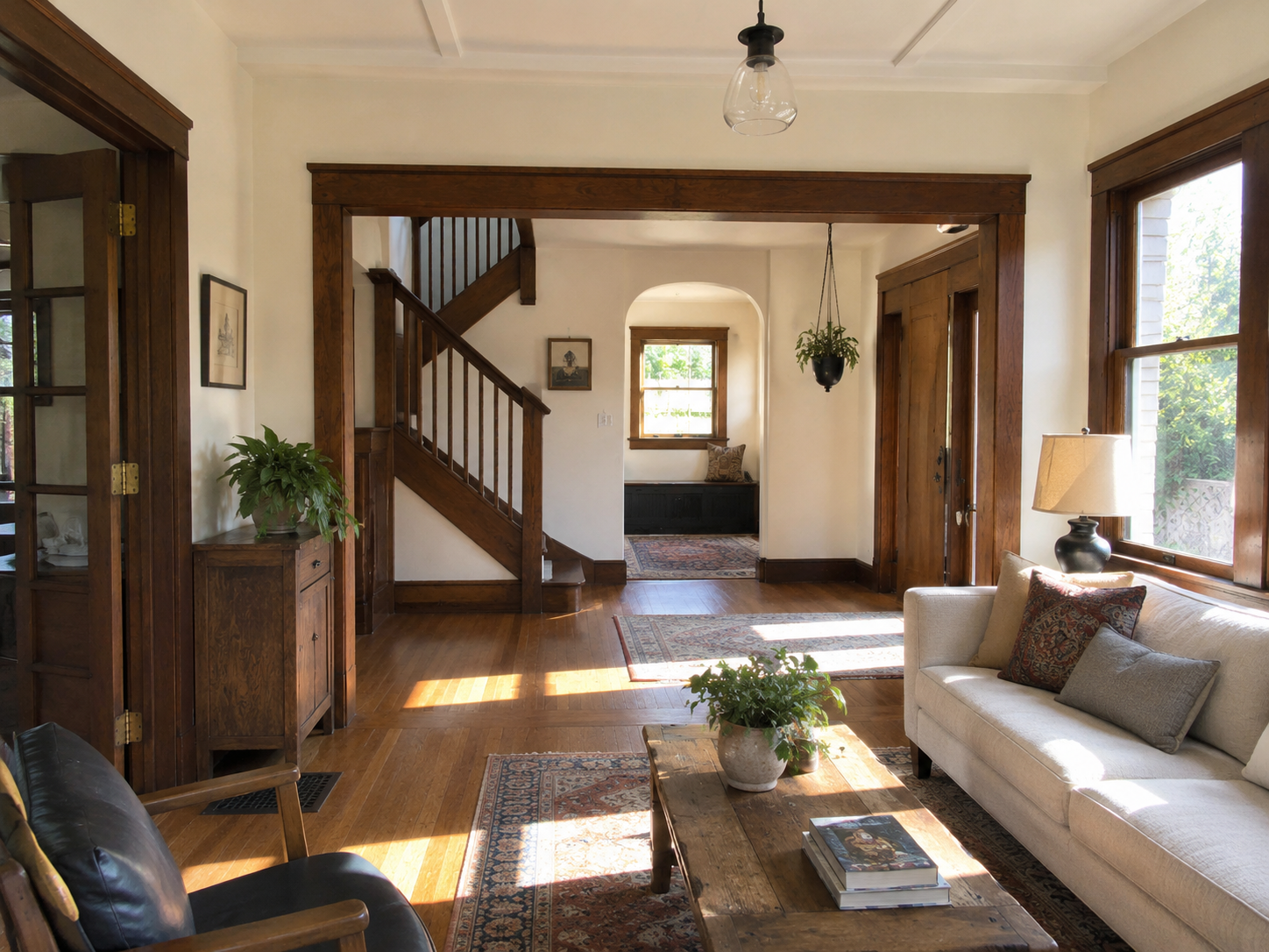Bright Craftsman living room with original wood trim, staircase, and natural light.