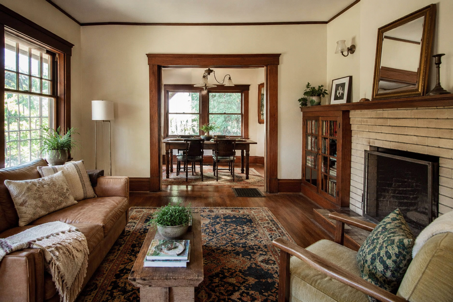 Craftsman interior with wood trim, doorway casing, fireplace, and hardwood floors.