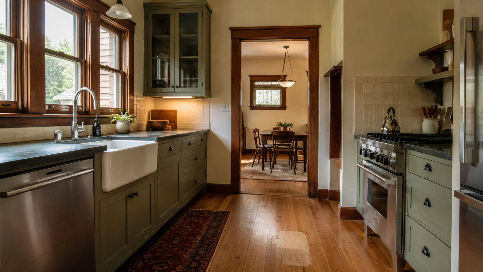 Modest Craftsman kitchen remodel with wood trim, practical cabinets, and natural light.