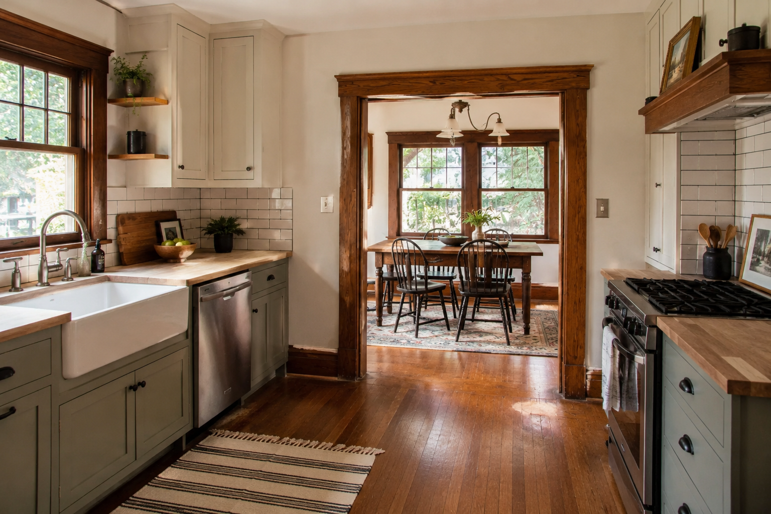 Craftsman kitchen remodel with wood trim, simple cabinets, and dining room opening.