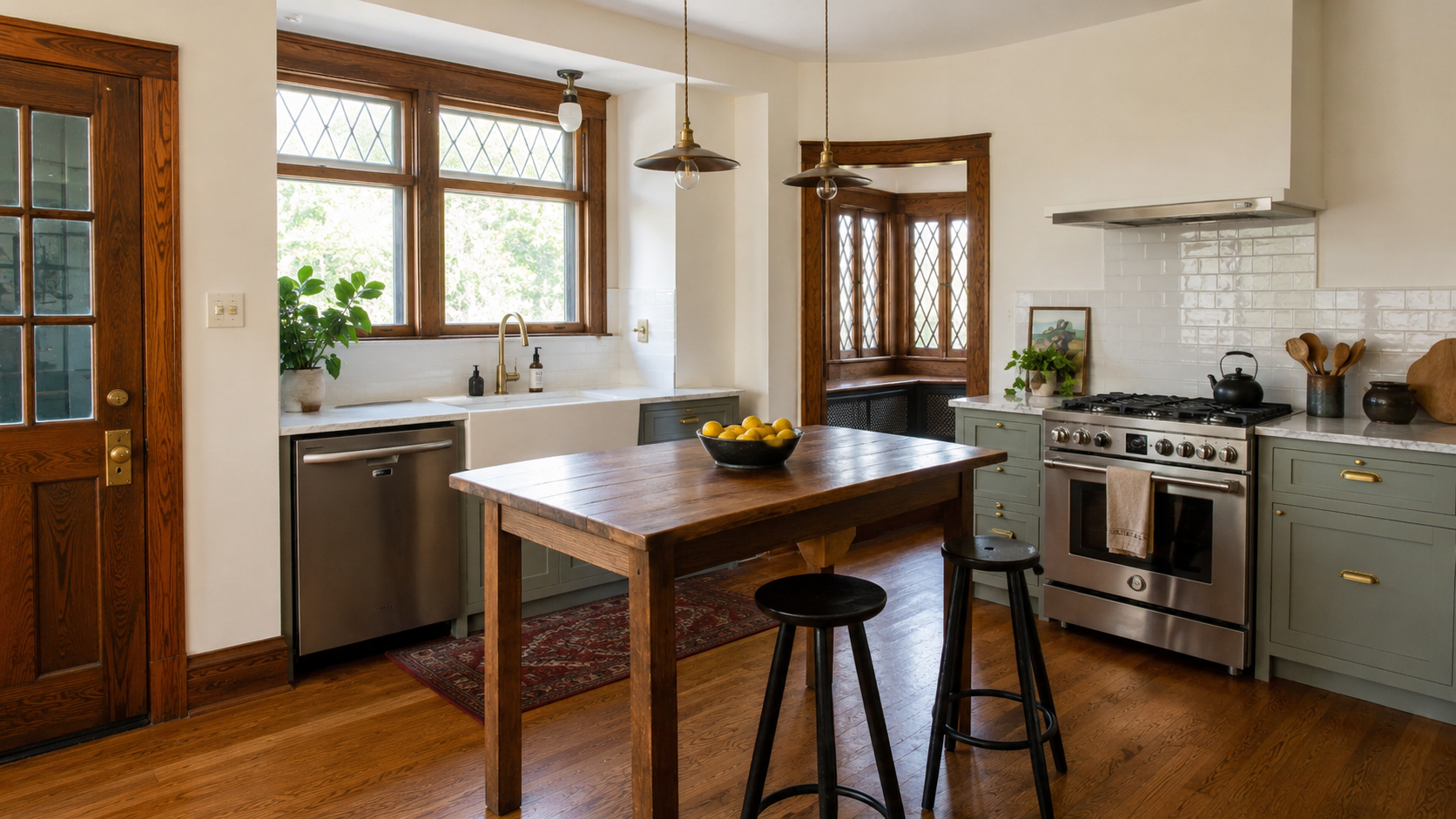 Craftsman kitchen with wood trim, divided-light windows, island table, tile, and updated cabinets.