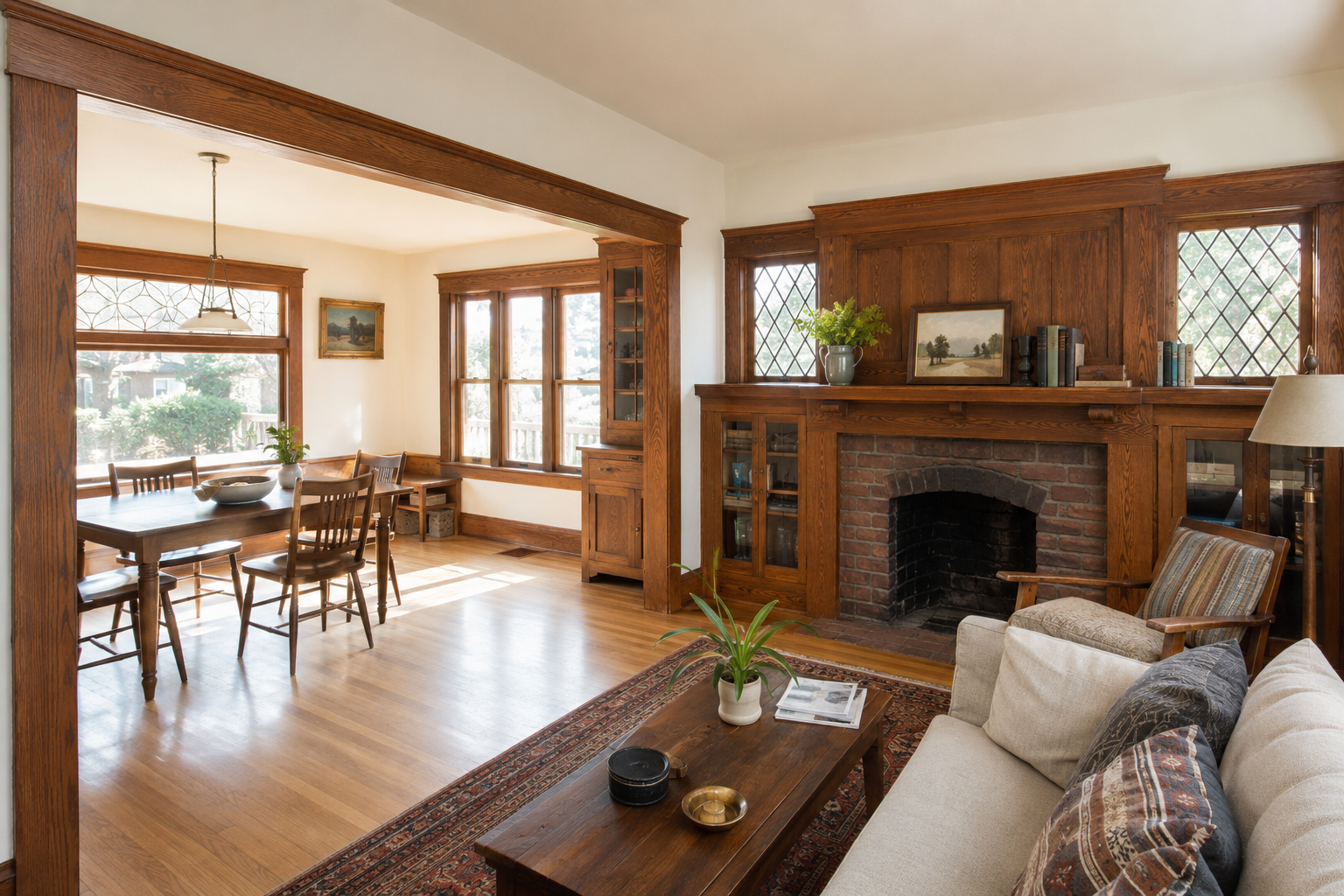 Craftsman living room and dining room layout with original trim, fireplace, and built-ins.