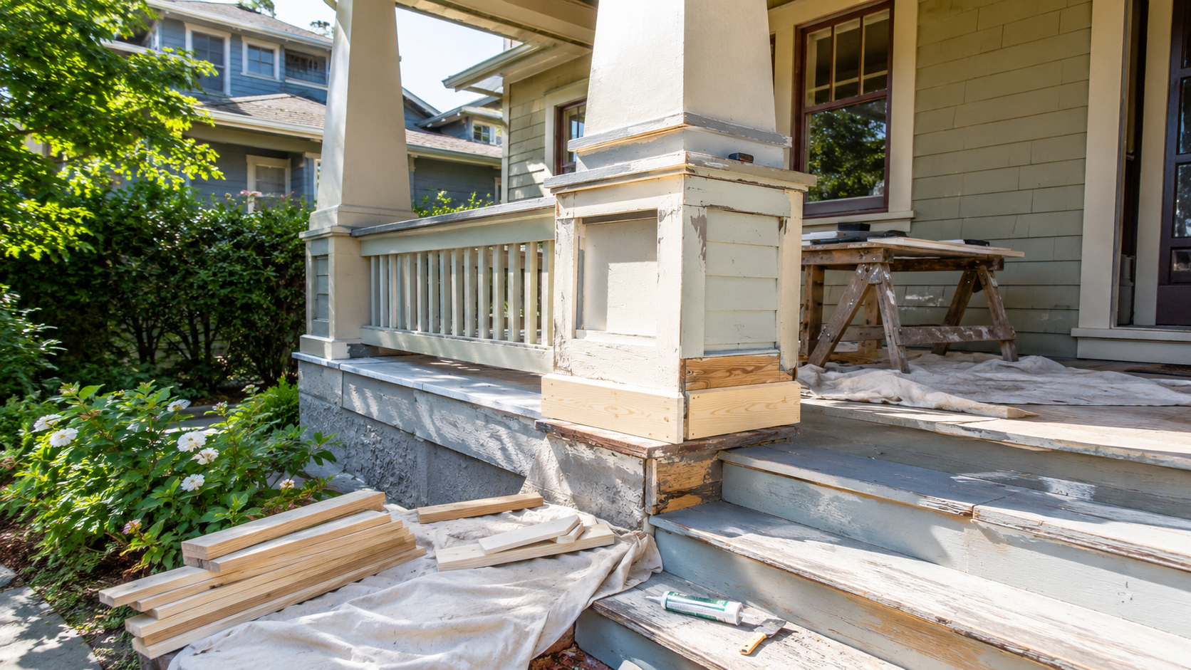 Craftsman porch repair with tapered columns, wood steps, railings, and trim work.