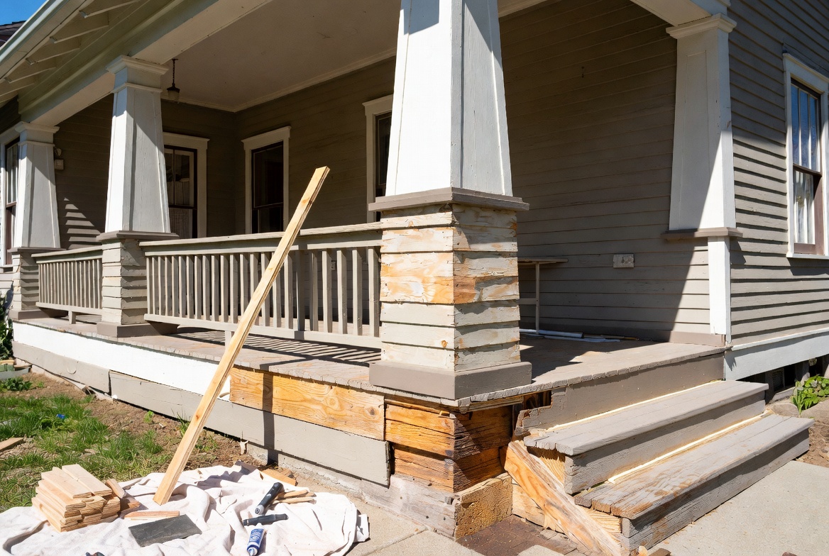Craftsman porch with exposed rot, repair framing, and column base work.