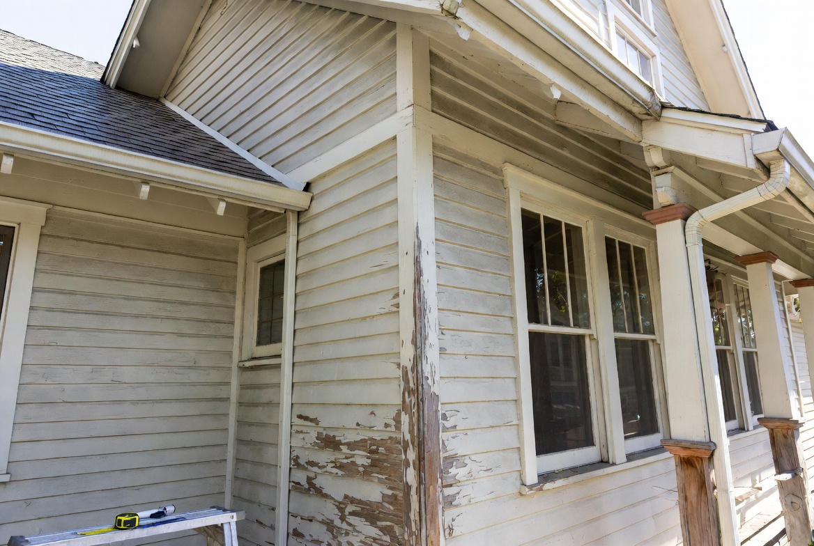 Old Craftsman siding with peeling paint, window trim, ladder, and repair work.
