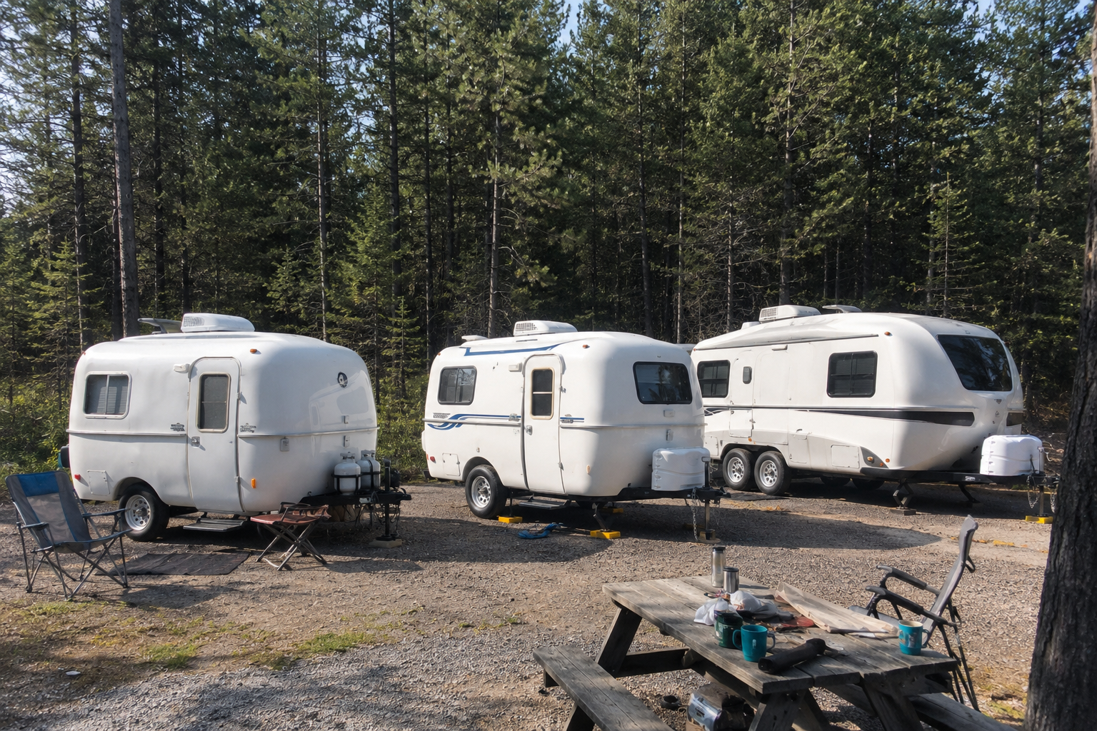 Three small molded fiberglass travel trailers parked at a simple campground for comparison.