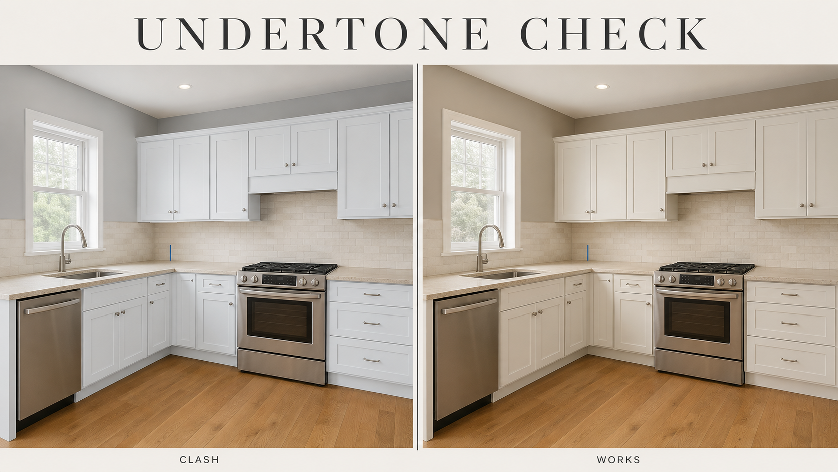 Cold and warm paint undertones compared in the same oak-floored kitchen.