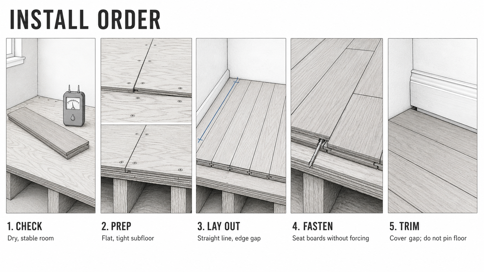 Five steps for installing hardwood flooring over a wood subfloor.