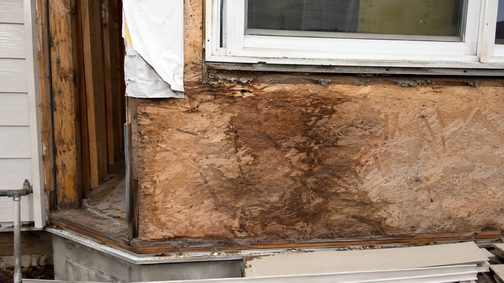 Water-damaged exterior wall sheathing exposed after siding removal near a window.