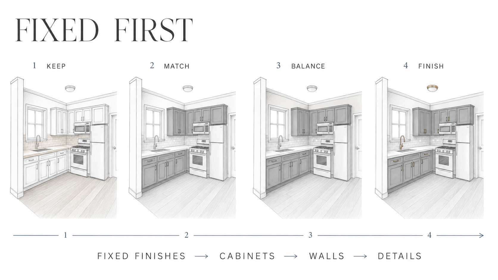 Four-step diagram for choosing kitchen colors around fixed finishes.