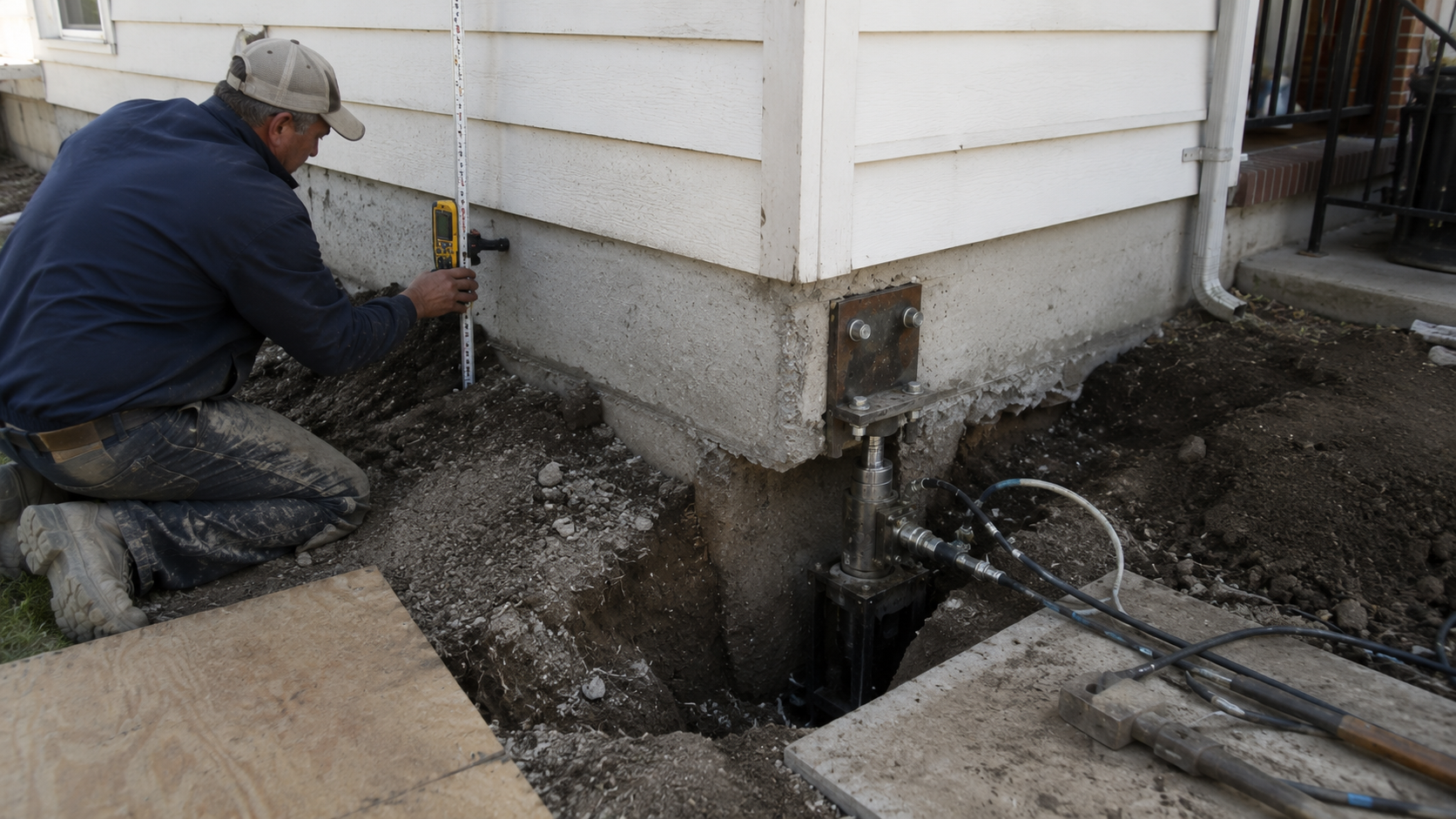 Contractor measuring elevation beside a hydraulic foundation lifting point.
