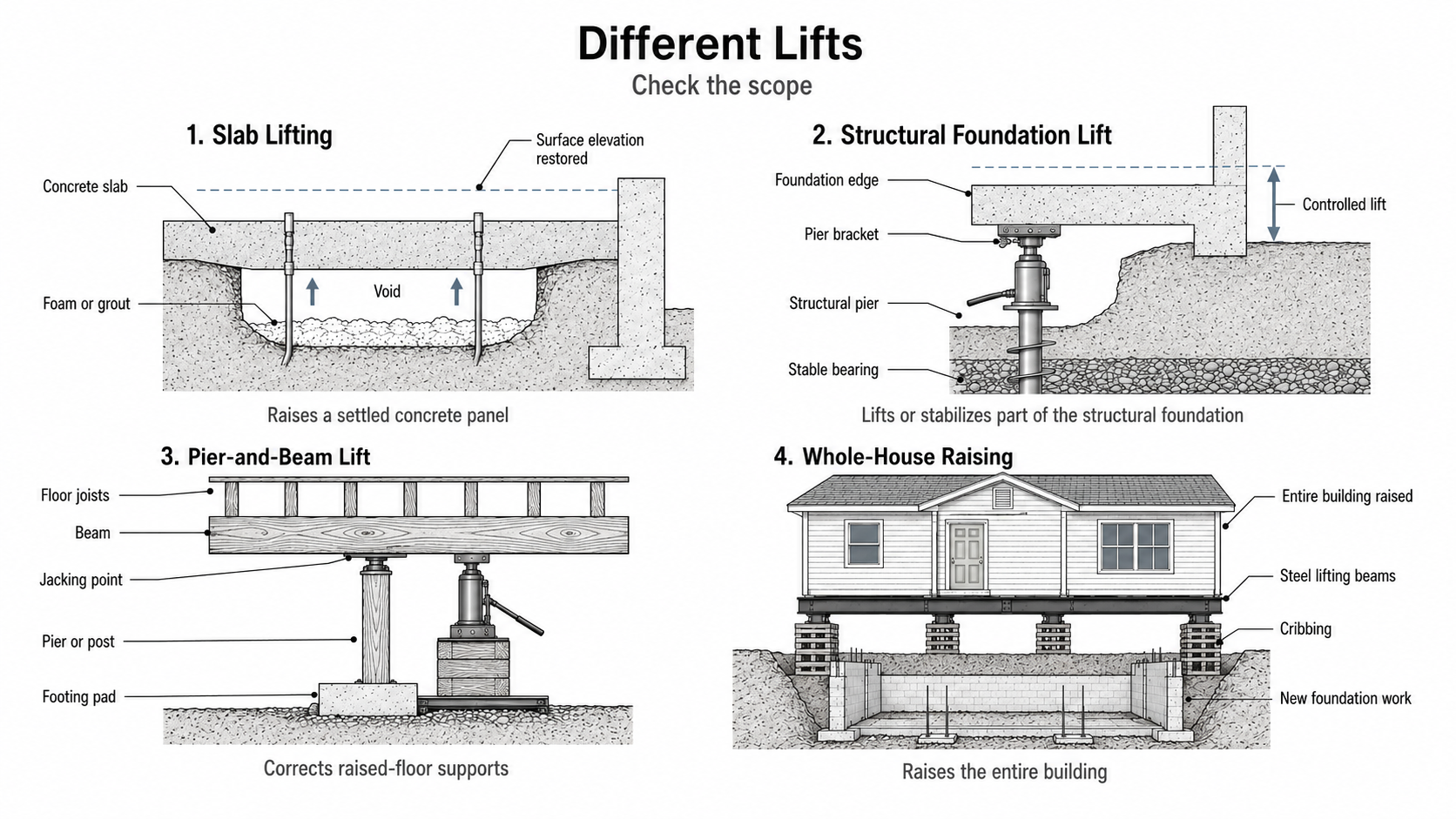 Diagram comparing slab, structural pier, pier-and-beam, and whole-house lifting.
